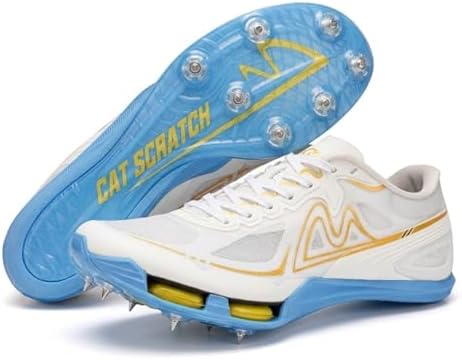 Track and Field Spikes Shoes for Men Women Kids, Air Cushion Running Track Spikes Sneakers with Full-Length Carbon Plate for Racing and Jumping Blue/White/Yellow image