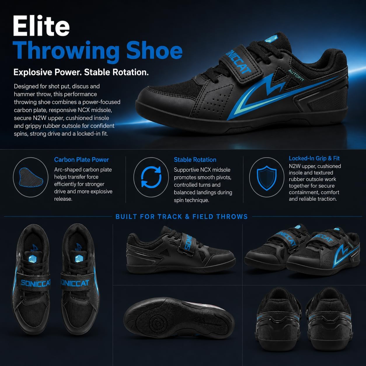 Throwing Shoes for Shot Put, Discus and Hammer Throw,Carbon Plate Track and Field Throwing Shoes with Rotational Rubber Outsole for Men Women Youth Athletes, Training and Competition image 2